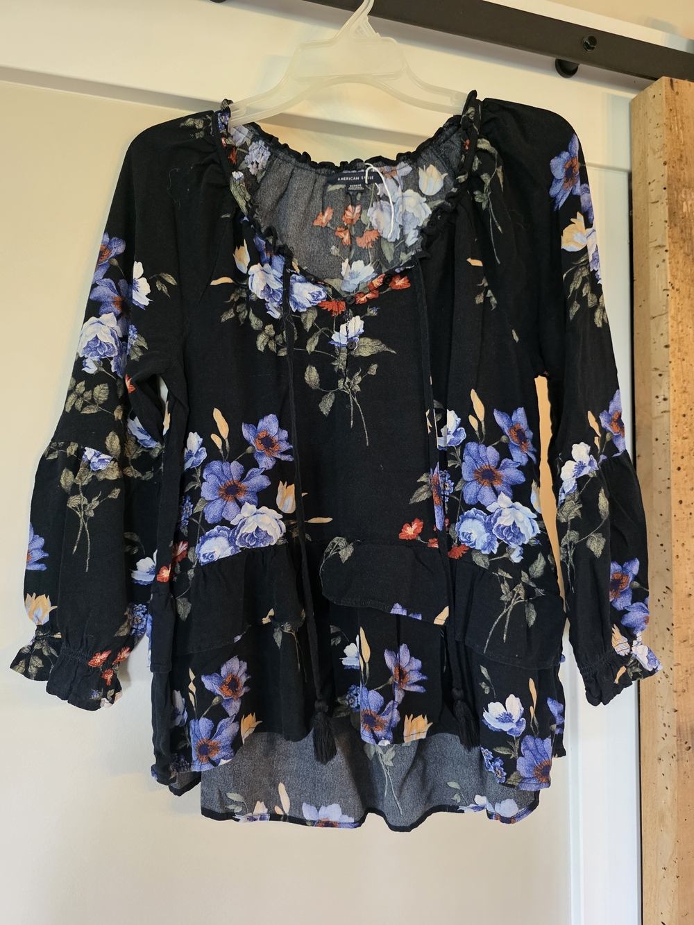 American Eagle Outfitters Black Floral Peasant Top with Blue & Cream Blooms